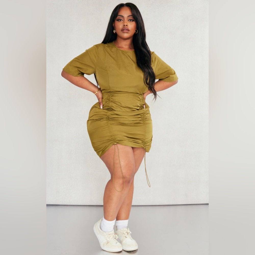 Plus Olive Ruched Nylon Bodycon Dress